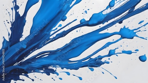 Intense splash of vibrant blue paint creates dynamic abstract patterns against a neutral white background art.