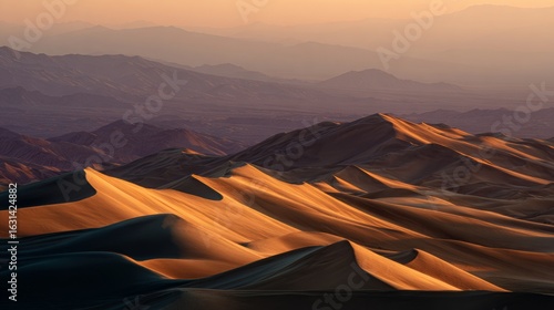 Sweeping view of sunlit sand dunes with mountains in the background