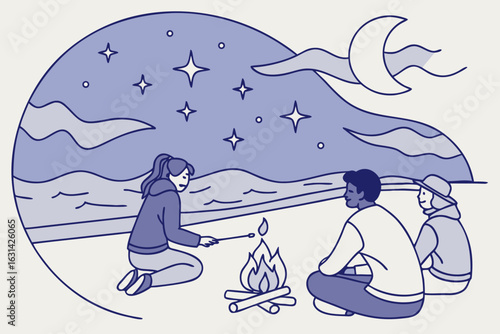 A bonfire crackles at Ocean Beach in San Francisco, California, with friends gathered around roasting marshmallows under the stars.