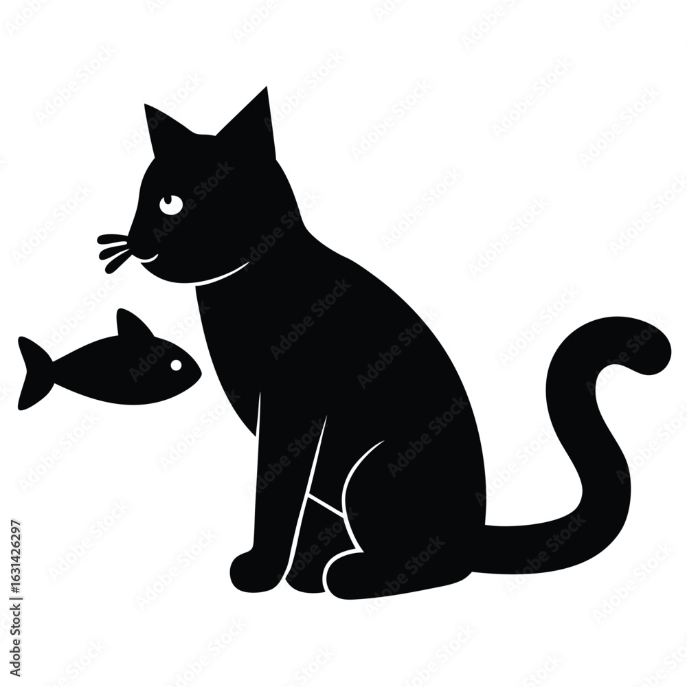 Obraz premium Black silhouette of a cat eating from a bowl on a white background, Cat silhouette vector illustration, Black cat silhouette isolated on white, Cat, Dog and Cat eating together.