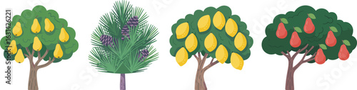 flat vector illustration of cartoon fruit tree set, pear tree, lemon tree, pine tree, red pear tree, green foliage