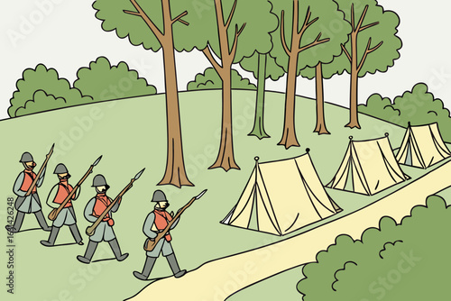 A Civil War reenactment at Allerton Park in Monticello, Illinois, with muskets, tents, and marching drills.