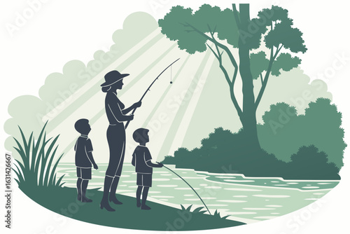 A family fishing on Lake Harris with bobbers floating and sun peeking through trees.