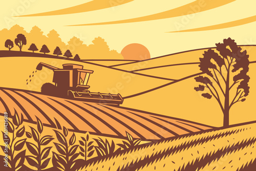 A farmer harvesting soybeans in rural Illinois using a combine under a golden sunset in late autumn.