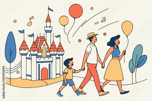 A family walks through Disneyland’s Main Street in Anaheim, California, surrounded by music, balloons, and joyful anticipation.