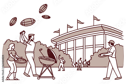 A football tailgate party at Jordan-Hare Stadium with fans grilling and tossing footballs.