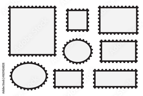 Post stamp frame and border. Grey square and rectangular template for mail, postcard, letter. Jagged wavy edge forms. Vintage objects for poster, banner, badge, stick