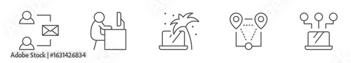 Work from home line icon set. Included icons as self quarantine, stay home, working, online, video conference, office and more.
