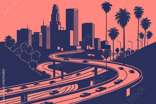 A freeway interchange in downtown Los Angeles, California, snakes with ribbons of traffic under neon lights and giant billboards.