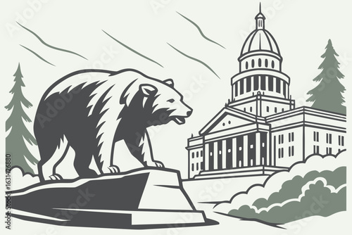 A grizzly bear sculpture stands proudly at the California State Capitol in Sacramento, symbolizing strength and the historic state flag emblem.