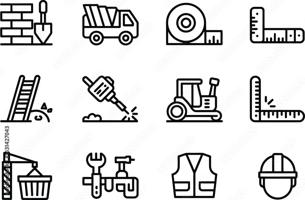 Fototapeta premium Simple Black Line Icons Representing Construction Tools and Equipment