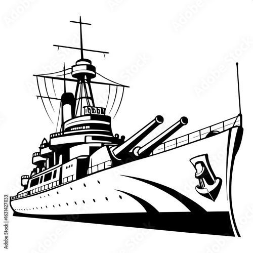 "Illustrate a vintage World War II battleship as a vector icon, showing smokestacks, cannons, and radar systems in silhouette."
