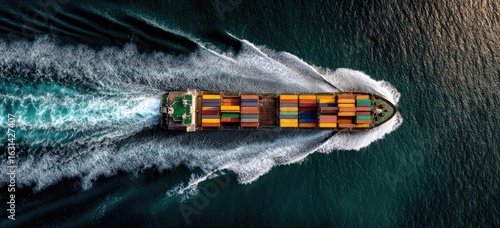 Aerial view of a cargo ship moving through dark water