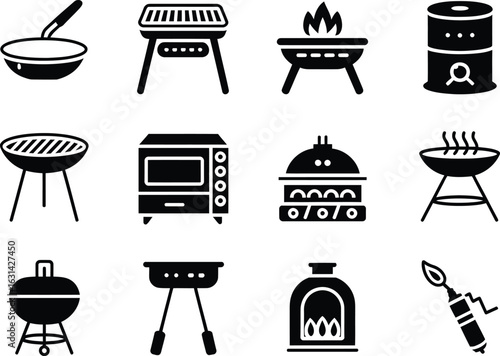 Vector Set of Various BBQ and Cooking Equipment Icons