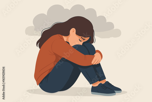 Anxiety depression concept. Sad teen girl sitting head in hands. Mental health psychology stress emotional disorder. Woman teenager suffering loneliness vector illustration