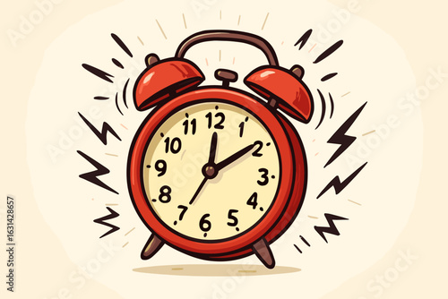 Ringing alarm clock vector illustration morning wake up call loud bell sound cartoon red vintage timepiece 7am early bird awakening daily routine lifestyle