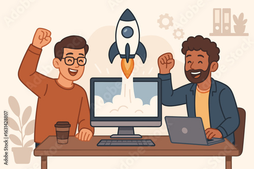 Business project launch celebration with two developers cheering and smiling in modern office workspace, digital product release, technology teamwork, startup success, vector cartoon illustration