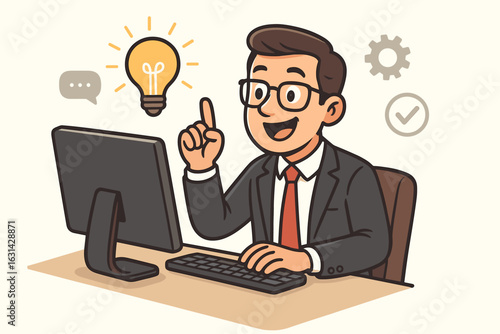 Businessman at computer having eureka moment with lightbulb idea. Innovation, creative thinking, problem solving, digital productivity, business solutions vector illustration