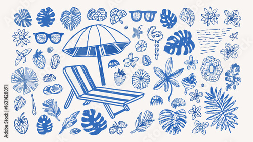 Blue summer themed doodles with palm leaves flowers and a beach chair under an umbrella design vector