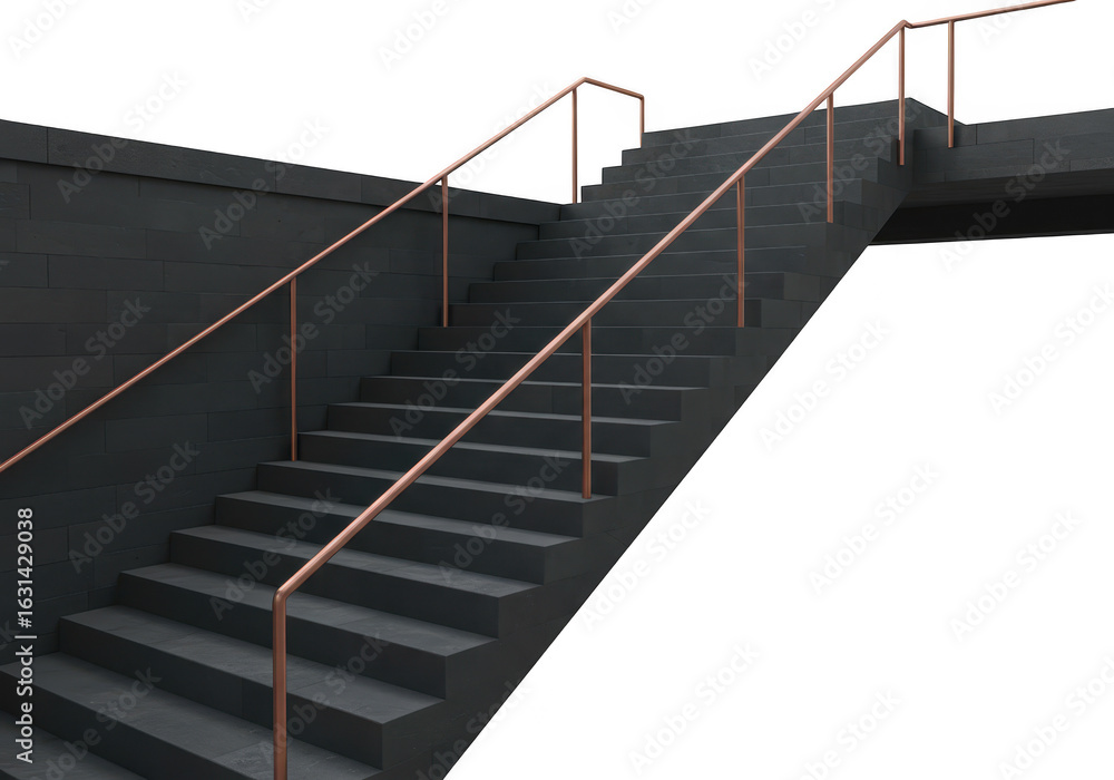 Fototapeta premium Modern dark staircase with copper handrails isolated on transparent background