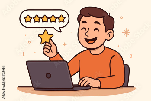 Customer satisfaction concept with happy person giving five star rating and positive feedback on laptop computer. Online review digital service quality user experience