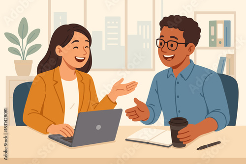 Business colleagues teamwork collaboration office meeting discussion. Diverse coworkers talking friendly workplace conversation. Professional team corporate environment concept