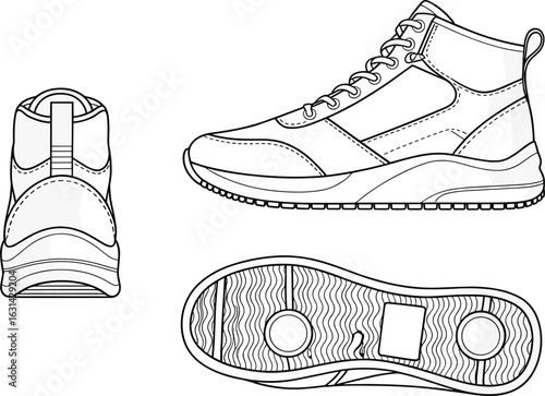 cad drawing flat vector illustration of modern athletic sneaker, technical design, side view, rear view, outsole pattern, footwear blueprint