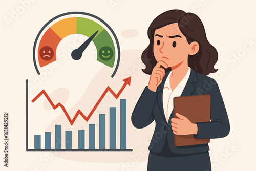 Fear greed index gauge businesswoman analyzing stock market economy charts financial performance metrics investment trading decision corporate analysis concept vector illustration