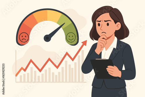 Fear greed index gauge meter businesswoman analyzing stock market economy financial data chart growth trend corporate professional thinking decision vector illustration