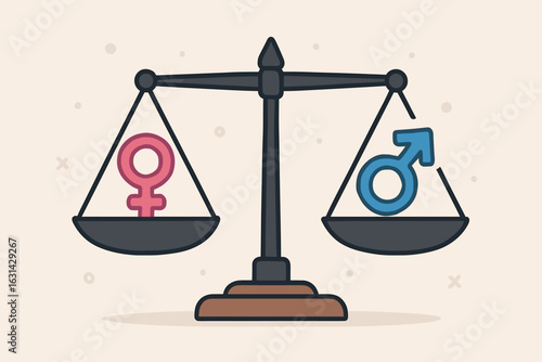 Gender equality balance scales justice concept vector illustration. Male female symbols equal weight fairness human rights social balance cartoon flat design