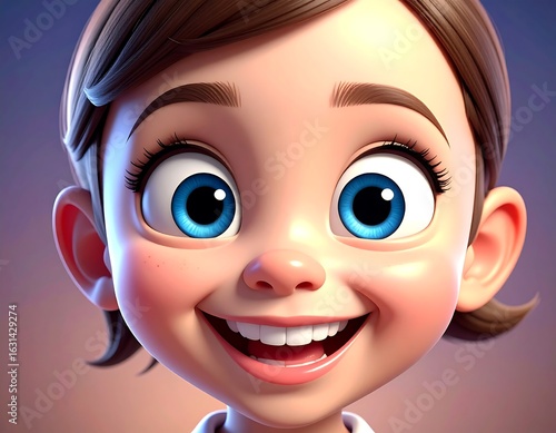 Close-up of a cheerful, stylized 3D-rendered girl's face