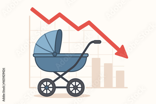 Declining birth rate concept with baby stroller and downward arrow chart. Low fertility demographics statistics. Population decrease metaphor vector illustration