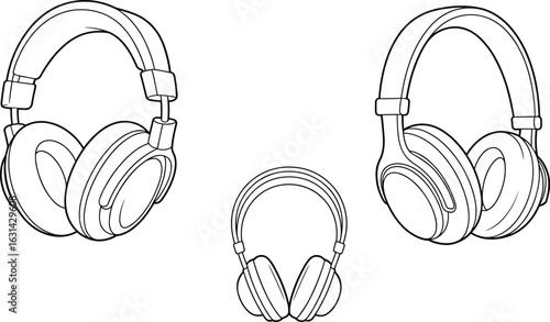 cad drawing flat vector illustration of modern over ear headphones, multiple views, technical design, music accessory, sound device blueprint
