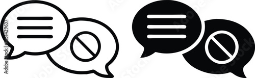 No Chat Message Icon Set, Blocked Speech Bubble Symbol, Communication Ban Vector Illustration
