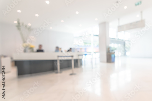 Business building office lobby blur background of bank reception hall customer or patient counter service and cashier desk inside blurry hospital, office or hotel waiting hall