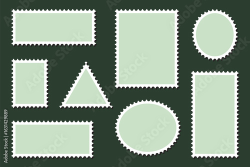 Empty postage stamp borders set vector illustration. Post stamps collection. Realistic post stamps set with  shadow.