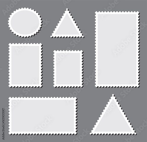 Empty postage stamp borders set vector illustration. Post stamps collection. Realistic post stamps set with  shadow.