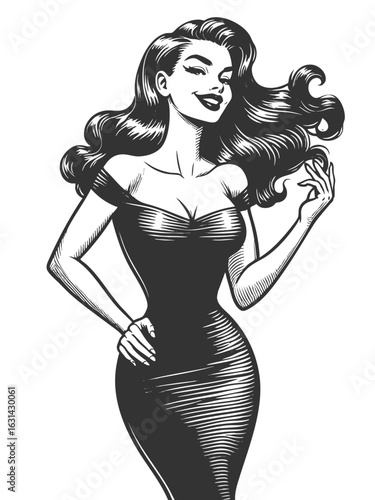 pin-up girl with wavy hair and a confident smile sketch engraving generative ai fictional character vector illustration. Scratch board imitation. Black and white image.