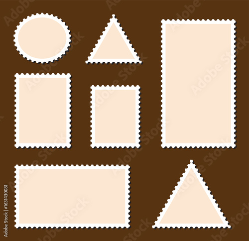 Empty postage stamp borders set vector illustration. Post stamps collection. Realistic post stamps set with  shadow.