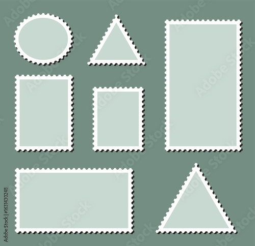 Empty postage stamp borders set vector illustration. Post stamps collection. Realistic post stamps set with  shadow.