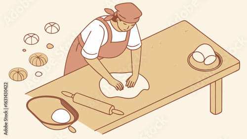 Woman Kneading Dough – Cooking Vector Illustration