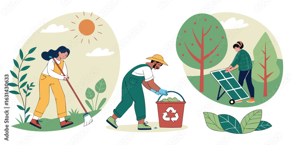 Fototapeta premium Nature and ecology concept illustrations. Set of people vector illustrations in various activities of ecology and environment, recycling, nature protection, renewable energy and sustainable