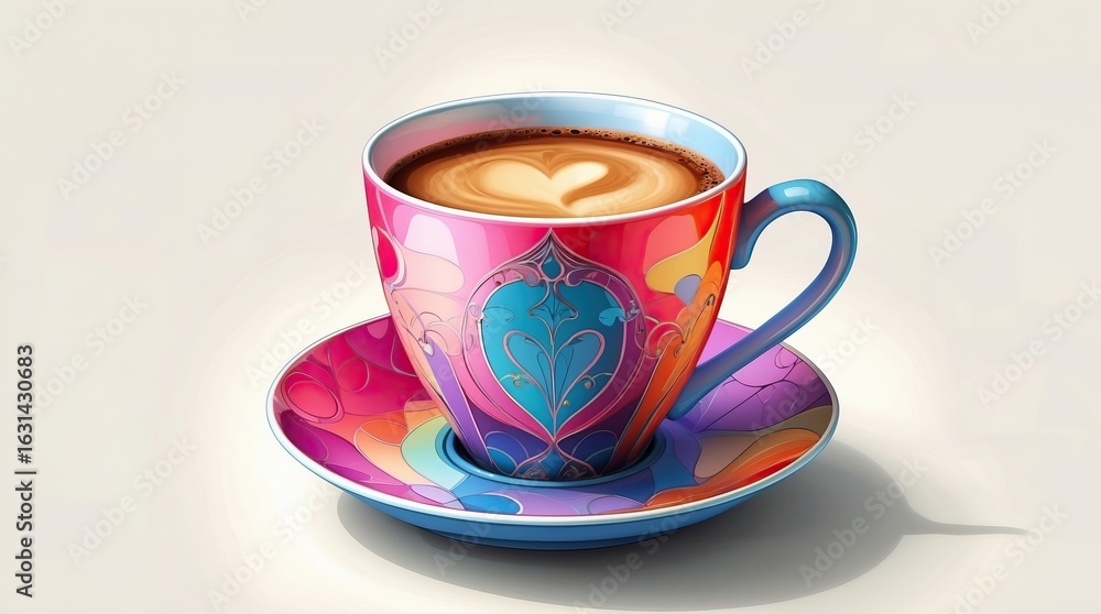 Fototapeta premium Steaming cup of coffee with latte art in a vibrant cup and saucer decorated with autumn leaf patterns