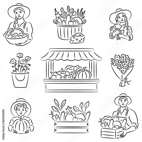 Line Art Farmers Market and Harvest Icons, People with Produce, Baskets, Flowers, Market Stand, Fruits, Vegetables