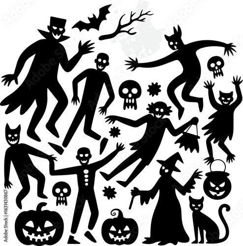 Halloween vector set with dancing silhouettes of people women men children and icons including cats and party elements