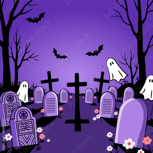 Halloween night spooky cemetery scene with moon tree bats and graves vector illustration