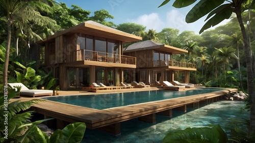 Wallpaper Mural High-class eco-resort on a lush jungle beach, wood and glass villas, yoga deck overlooking ocean, harmony with nature Torontodigital.ca