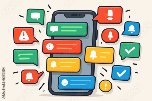 Mobile smartphone screen overwhelmed with push notifications messages alerts and app reminders popping up everywhere communication technology overload vector illustration