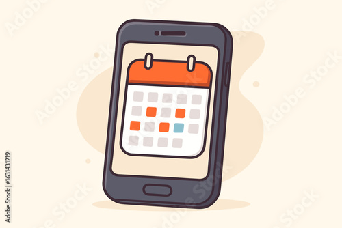 Smartphone calendar app vector illustration. Mobile phone schedule planner interface design. Digital time management application cartoon style icon isolated background