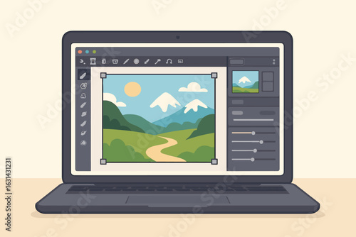Photo editing software interface on laptop screen. Computer graphic design application with landscape image editor, creative tools, digital workflow vector illustration